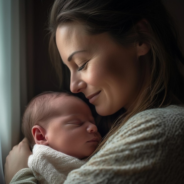 A woman holding a baby by a window