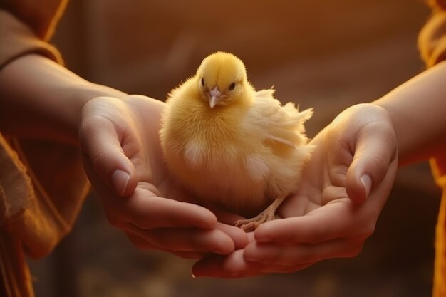 Woman holding baby chick on farm