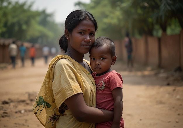 a woman holding a baby and a child on her shoulder