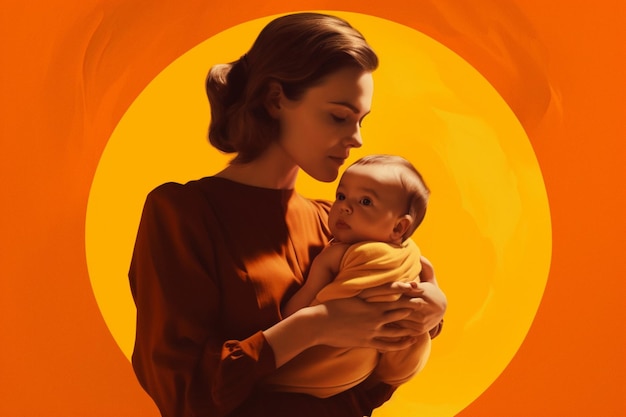 Photo a woman holding a baby in front of an orange back
