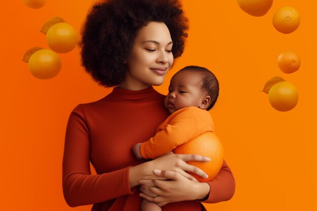 A woman holding a baby in front of an orange background