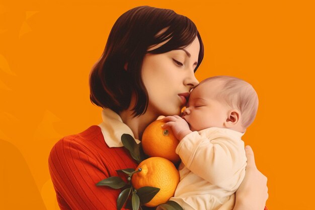 A woman holding a baby in front of an orange background