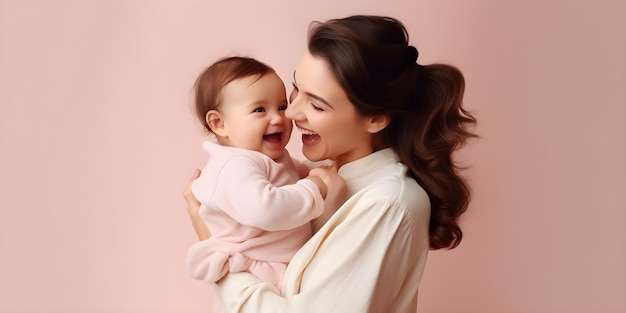 A woman holding a baby girl in a pink dress