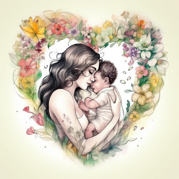 A woman holding a baby in a heart shaped frame with flowers around her