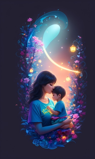 A woman holding a baby in her arms beautiful glowing illustration art