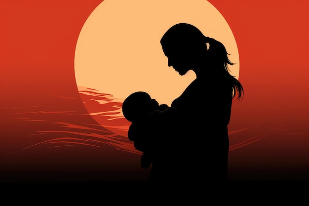 Фото Женщина с ребенком перед красивым закатом солнца минималистический силуэт матери с ребенком, символизирующий суть дня матери