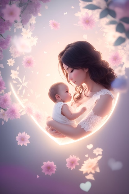 Женщина с ребенком на руках на фоне луны с розовыми цветами.