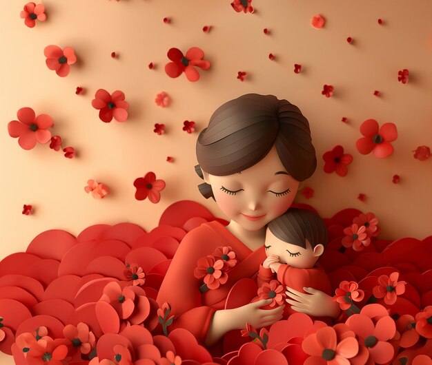 a woman holding a baby and a red flower with the words quot mother quot on the back