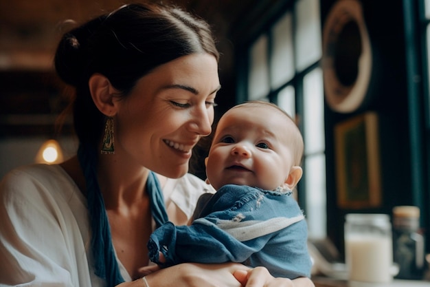 a woman holding a baby in a restaurant