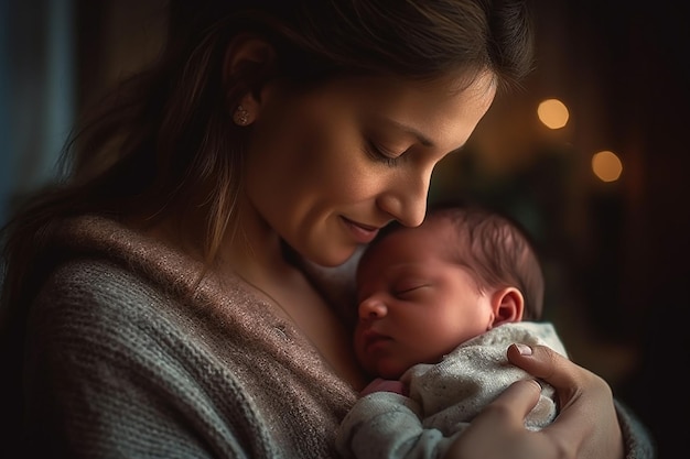 A woman holding a baby and smiling with a christmas tree in the background.