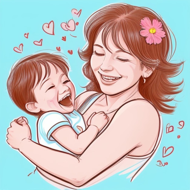 a woman holding a baby and smiling with hearts on her face