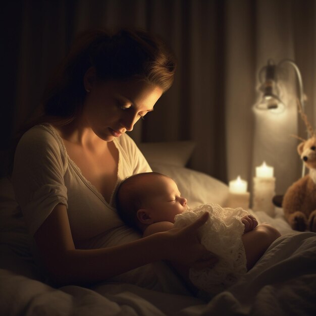 A woman holding a baby and a teddy bear in the background.