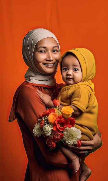 A woman holding a baby wearing a hijab and a yellow hijab.