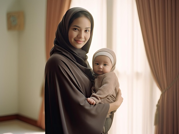 A woman holding a baby wearing a hijab