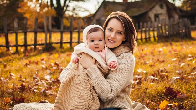 a woman holding a baby and wearing a sweater