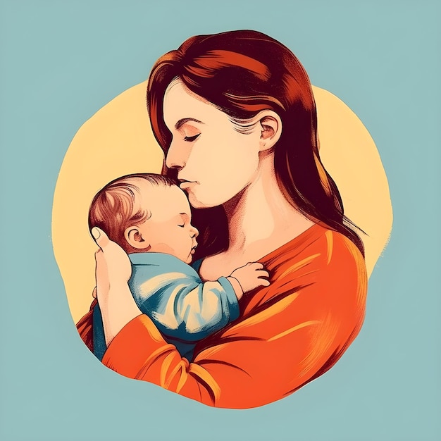 A woman holding a baby with a blue circle behind her.