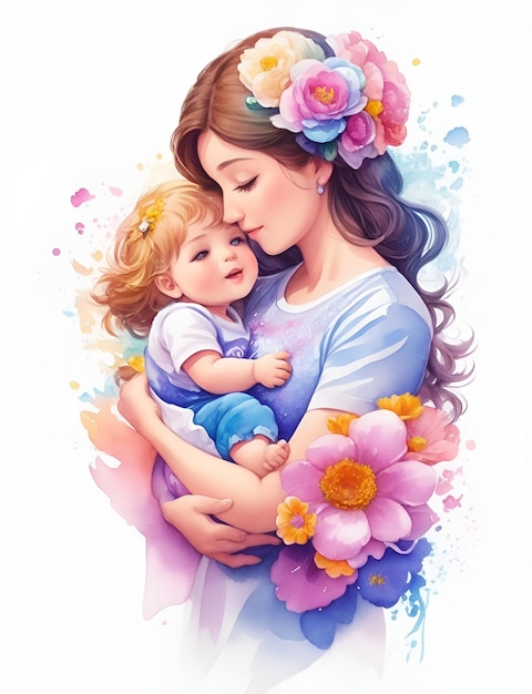 A woman holding a baby with flowers on her arms