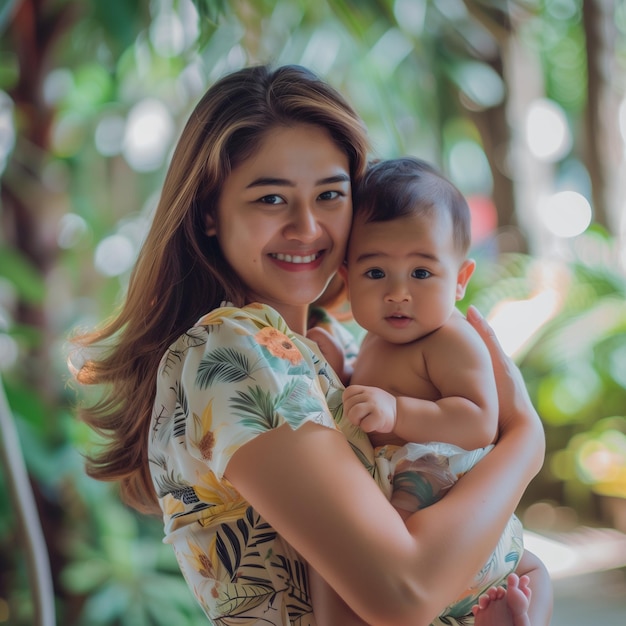 Photo a woman holding a baby with a palm tree in the background