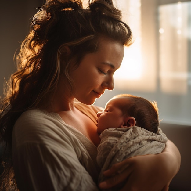 A woman holding a baby with the sun shining through the window.