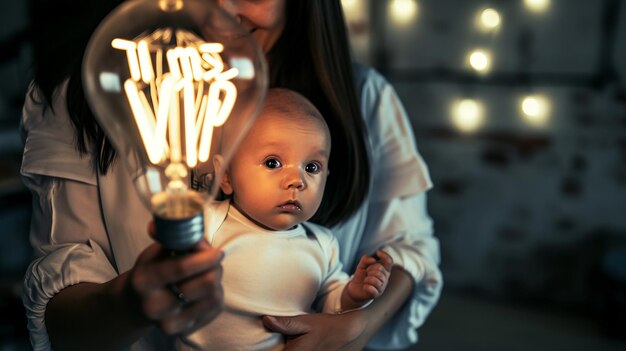 A woman holding a baby with the word love