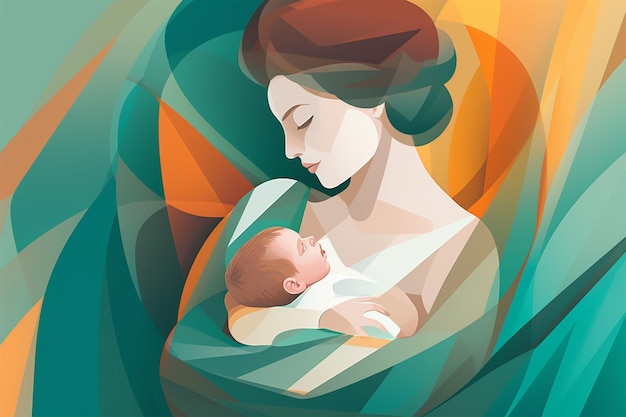 A woman holding a baby and the word mother on her breast