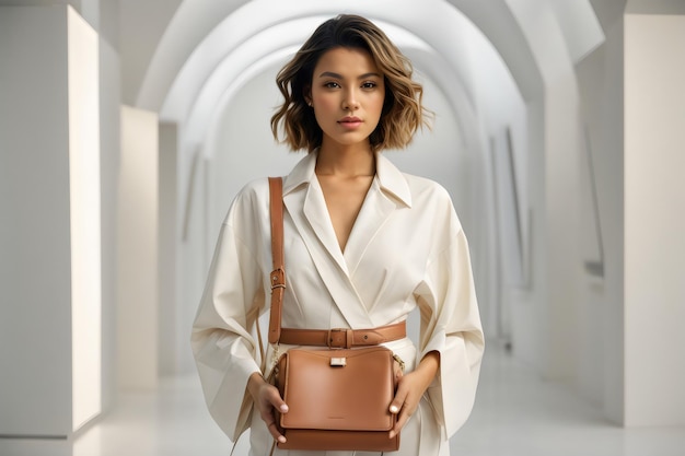 woman holding bag pose in studio