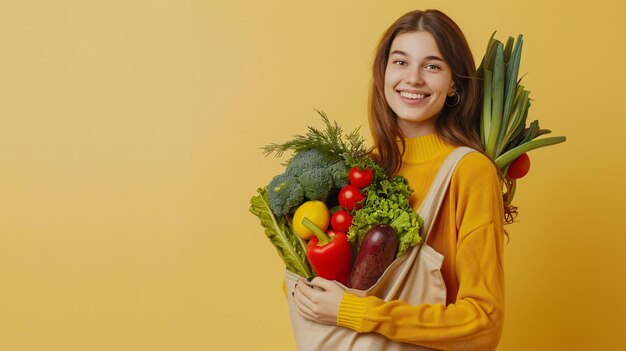 野菜と野菜の袋を握っている女性