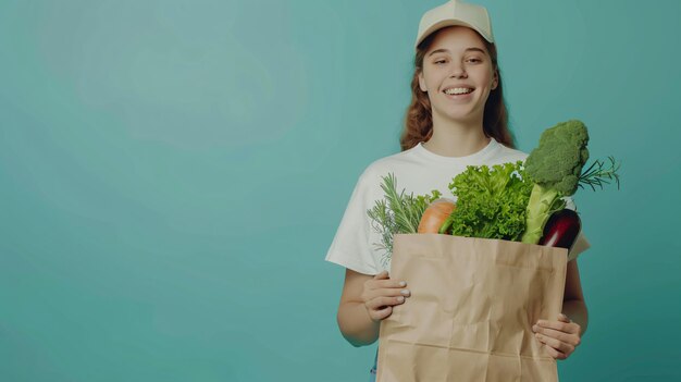野菜の袋を持って笑っている女性