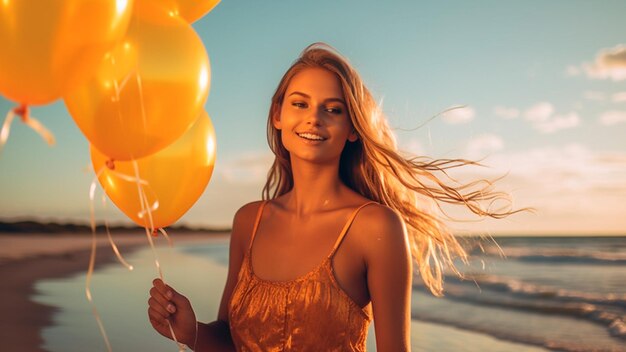 A woman holding balloons on a beach