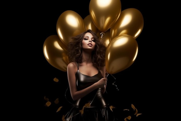 Photo a woman holding balloons in front of a black background