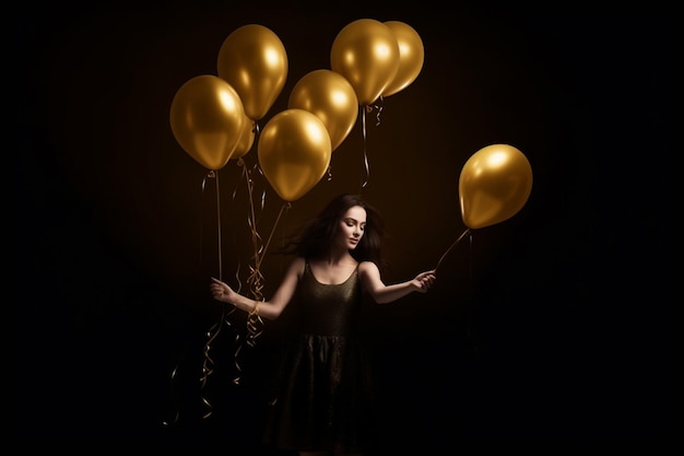 Photo a woman holding balloons in front of a dark background