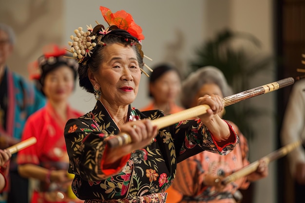Photo a woman holding a bamboo stick in front of a group of people
