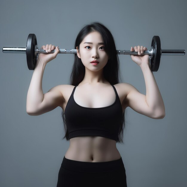 a woman holding a barbell with the words " she is holding a barbell. "