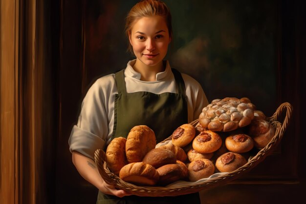 A woman holding a basket of bread and a basket of bread