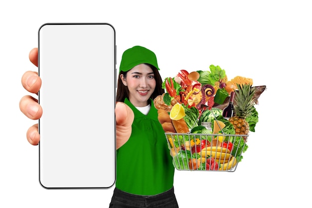 A woman holding a basket of food and a sign that says fresh fruits and vegetables.