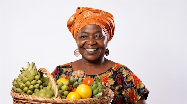 a woman holding a basket of fruit and vegetables