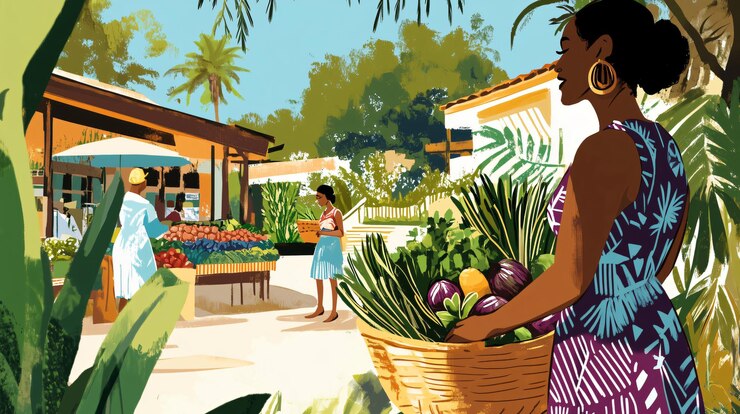 Woman holding a basket and shopping for groceries at the farmers market