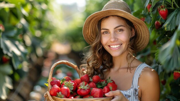 Woman Holding a Basket of Strawberries in a Greenhouse