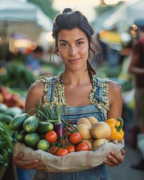 A woman holding a basket of vegetables at a farmers market