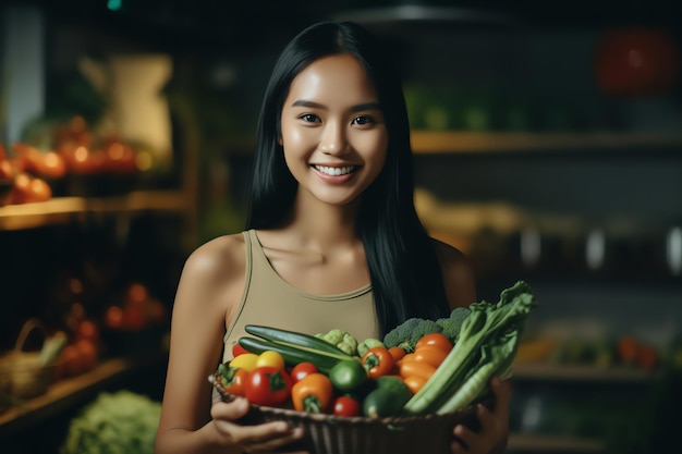 Женщина держит корзину с овощами в продуктовом магазине