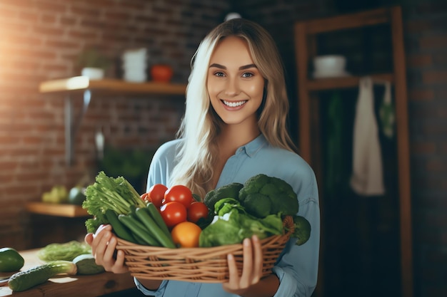 A woman holding a basket of vegetables in the kitchen