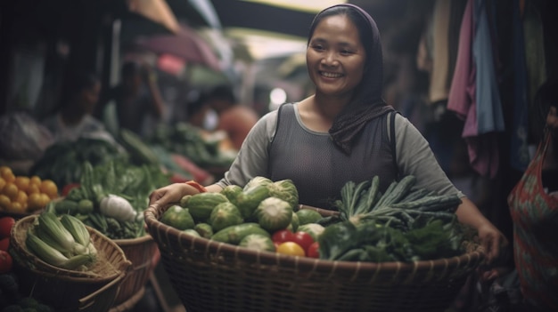 A woman holding a basket of vegetables in a market