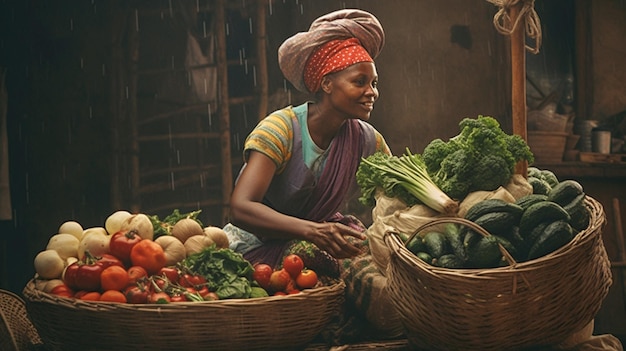 A woman holding a basket of vegetables in a market