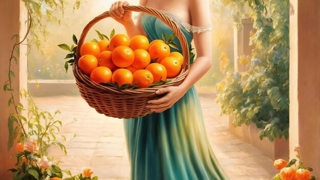 Woman holding a basket with oranges