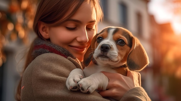 A woman holding a beagle puppy in her arms