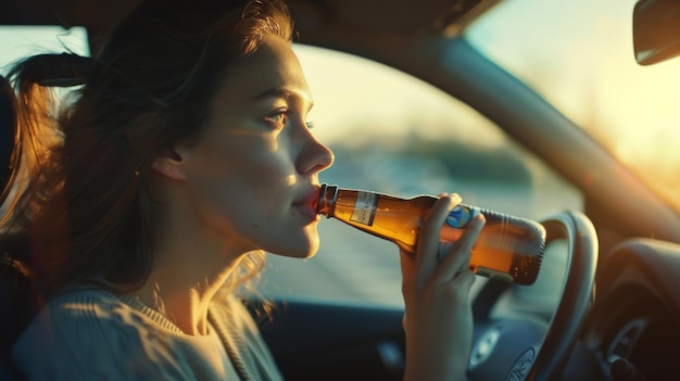 Woman holding a beer bottle and drinking while driving along the way