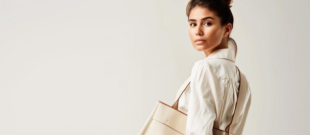 a woman holding a beige leather tote bag copy space