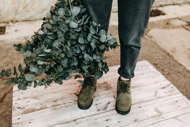 Woman holding a big bunch of eucalyptus branches closeup