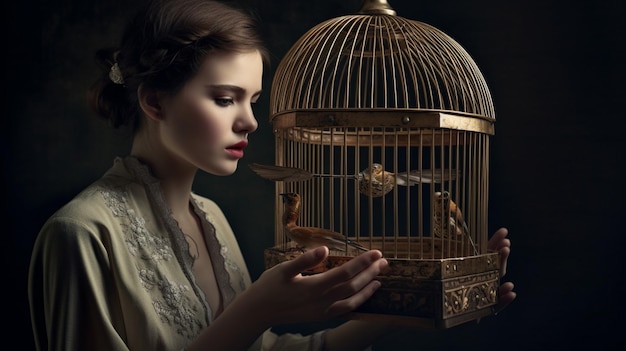 A woman holding a bird in a cage