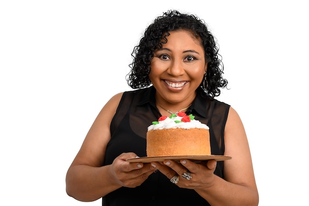 woman holding birthday cake on white backgraond